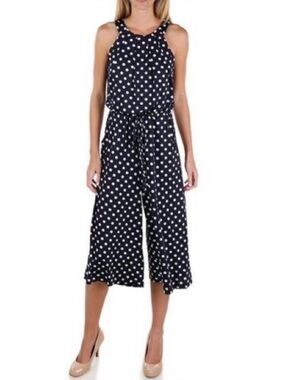Emma & Michele Dark Navy Polka Dot Halter Wide Leg Cropped Romper Sz PM